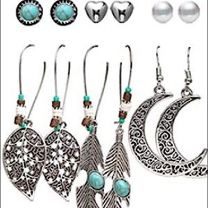Six pairs of boho silver earrings with Turquoise accents